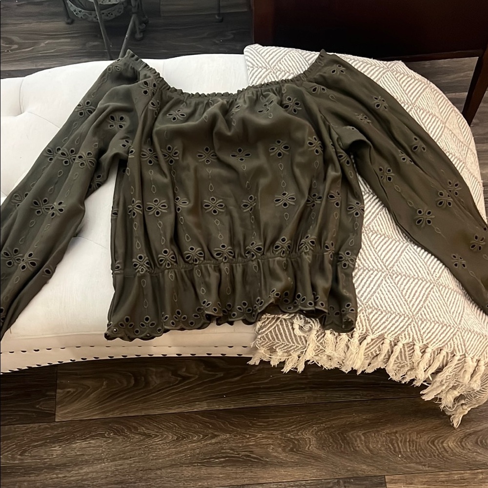 Olive Green Off-Shoulder Eyelet Top